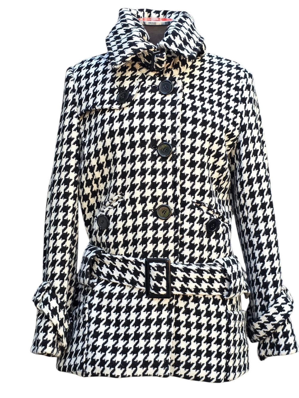 Black & White Houndstooth Belted Peacoat